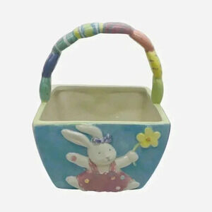 Ceramic Easter Basket Floral Vase Pastels Bunny Rabbit Egg Hunt Spring Baby